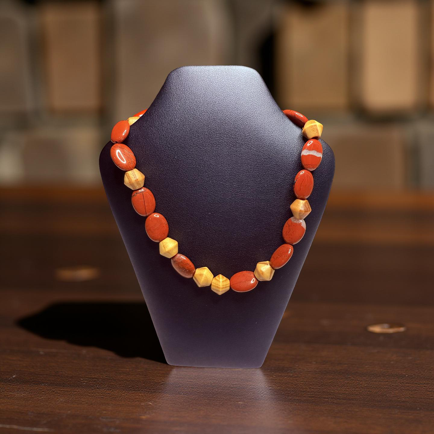 Brecciated Jasper and Wood Beaded Necklace